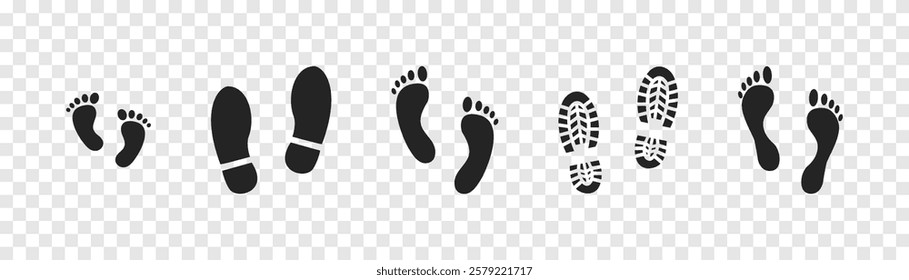 Step footprints paths. footstep prints and shoe steps . shoe tread footprints vector illustration isolated on white background.