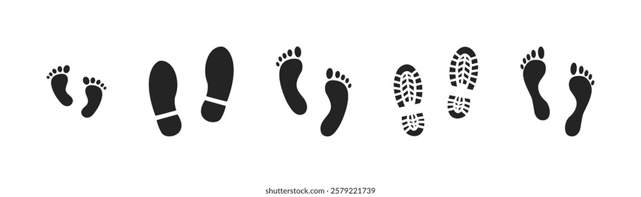 Step footprints paths. footstep prints and shoe steps . shoe tread footprints vector illustration isolated on white background.