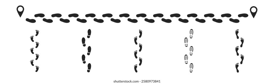 Step footprints paths. footstep prints and shoe steps . shoe tread footprints vector illustration isolated on white background.