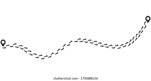 Step footprints paths with Tracking gps routes with pin map, isolated on white background, vector icon Illustration. 