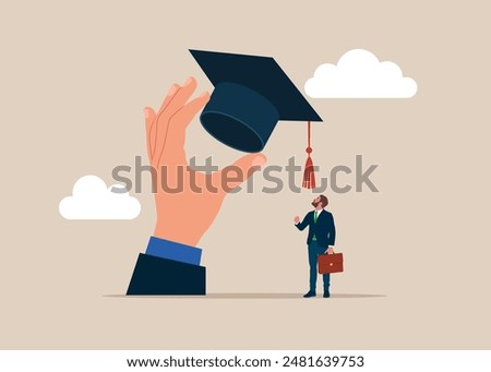 Step forward winning target mortarboard degree. MBA. Flat vector illustration