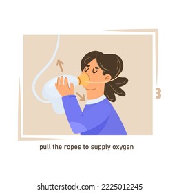 Step four of putting on oxygen mask cartoon illustration. Instruction on how to use oxygen mask, pulling ropes to supply oxygen. Airplane, instruction, emergency concept.