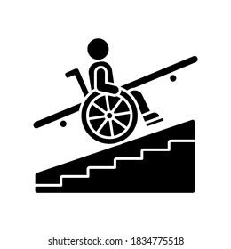 Step free access black glyph icon. Wheelchairs and strollers access. Avoiding stairs. Accessible transportation. City infrastructure. Silhouette symbol on white space. Vector isolated illustration