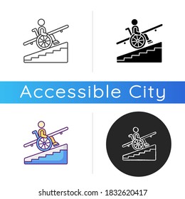 Step free access icon. Wheelchairs and strollers access. Avoiding stairs. Accessible transportation. City infrastructure. Linear black and RGB color styles. Isolated vector illustrations