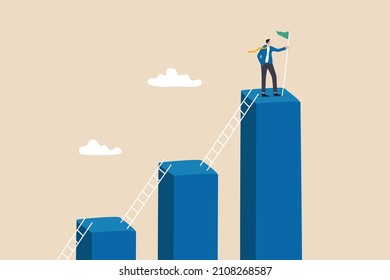 Step to grow business, ladder of success, progress, improvement or development to achieve goal, growth journey, career path concept, businessman climb up ladder step by step on graph to achieve goal.