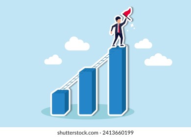 Step to grow business, ladder of success, progress, improvement or development to achieve goal, growth journey, career path concept, businessman climb up ladder step by step on graph to achieve goal.