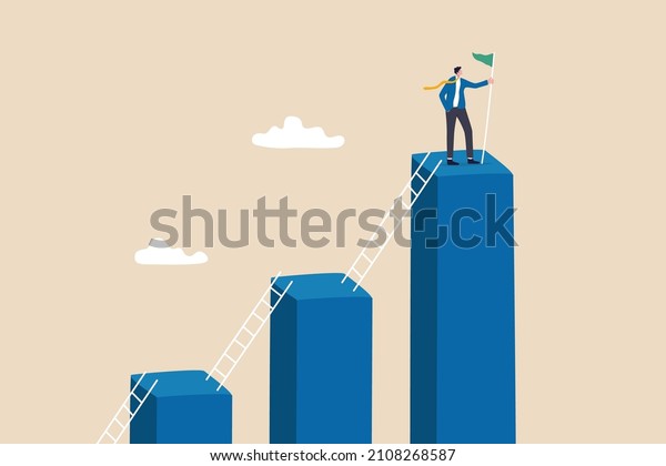 Step to grow business, ladder of success, progress,\
improvement or development to achieve goal, growth journey, career\
path concept, businessman climb up ladder step by step on graph to\
achieve goal.