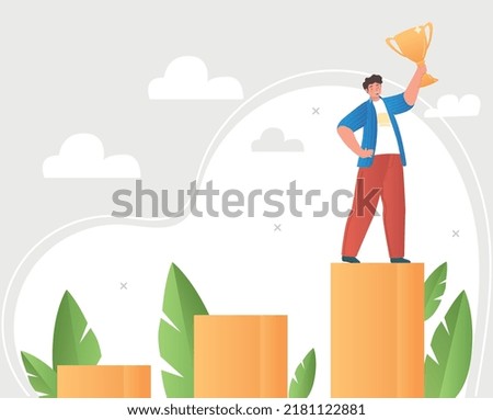 Step to grow. Man with golden goblet in hands stands on top platform of chart. Metaphor of development and career growth. Hard working entrepreneur or businessman. Cartoon flat vector illustration
