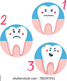 Step of gum disease. Healthy tooth and gingivitis. Cute cartoon design, illustration isolated on green background. Dental care concept.