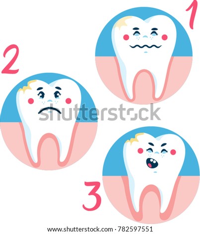 Step of gum disease. Healthy tooth and gingivitis. Cute cartoon design, illustration isolated on green background. Dental care concept.
