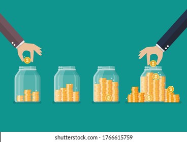 Step of Hand saving coins in glass jar. Flat style. Vector illustration 