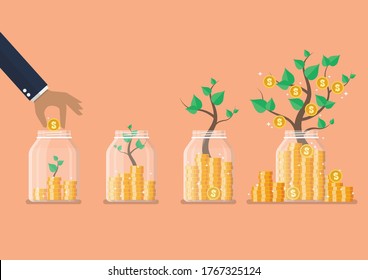 Step of Hand saving coins in glass jars with money trees. Flat style. Vector illustration 