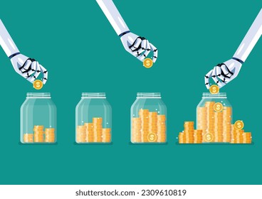 Step of Hand saving coins in glass jar. Flat style. Vector illustration 