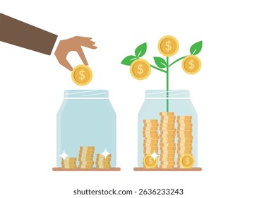 Step of Hand saving coins in glass jars with money trees stock illustration
