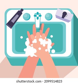 Step how to wash your hands properly to avoid bacteria. Vector colorful illustration. Washing.