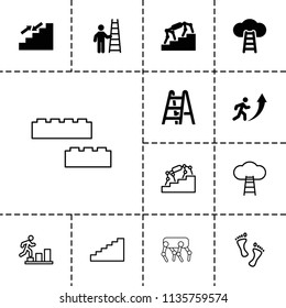 Step icon. collection of 13 step filled and outline icons such as man going up, man with ladder, ladder to the sky, stairs, foot. editable step icons for web and mobile.