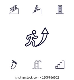 Step icon. collection of 7 step outline icons such as ladder, foot print, stairs, stair, man climbing stairs, man going up. editable step icons for web and mobile.
