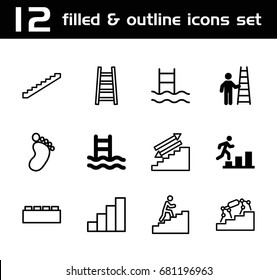 Step icon. set of 12 step filled and outline icons such as man going up, man with ladder, stairs, foot print, ladder, stair, man climbing stairs, swimming ladder