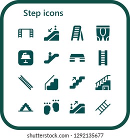  step icon set. 16 filled step icons. Simple modern icons about  - Ladder, Escalator down, Leggings, Keynote, Escalator, Fitness step, Stairs, Feet