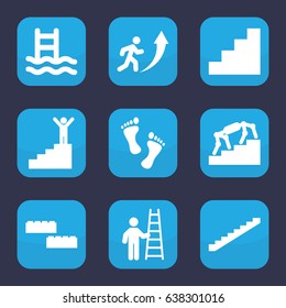 Step icon. set of 9 filled step icons such as stairs, stair, foot, man going up, man on stairs, man with ladder, building block