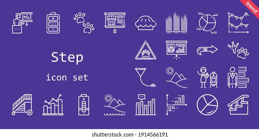 conjunto de iconos de paso. estilo de icono de línea. iconos relacionados con pasos como siguiente, embudo, escaleras, gráfico de barras, pata, vertical, gráfico circular, batería, pastel, presentación, gráfico de línea, huellas de pie, escalera, pirámide