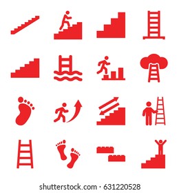Step icons set. set of 16 step filled icons such as ladder, stairs, foot print, stair, man climbing stairs, foot, man going up