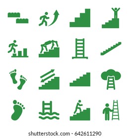 Step icons set. set of 16 step filled icons such as ladder, stairs, foot print, stair, man climbing stairs, foot, man going up