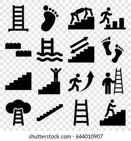 Step icons set. set of 16 step filled icons such as ladder, stairs, foot print, man climbing stairs, foot, man going up