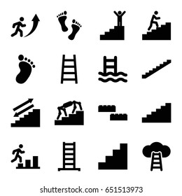 Step icons set. set of 16 step filled icons such as ladder, stairs, foot print, stair, man climbing stairs, foot, man going up, man on stairs, ladder to the sky