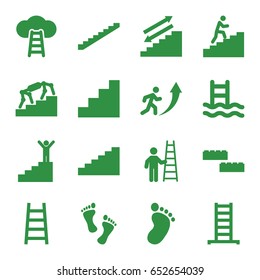 Step icons set. set of 16 step filled icons such as ladder, stairs, foot print, stair, man climbing stairs, foot, man going up