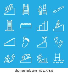 step icons set. Set of 16 step outline icons such as ladder, stairs, foot print, stair, man climbing stairs, foot, man going up, swimming ladder