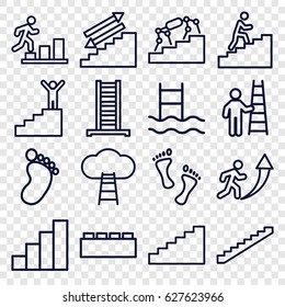 Step icons set. set of 16 step outline icons such as ladder, stairs, foot print, stair, man climbing stairs, foot, man going up