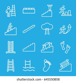 Step icons set. set of 16 step outline icons such as ladder, stairs, foot print, man climbing stairs, foot, man going up