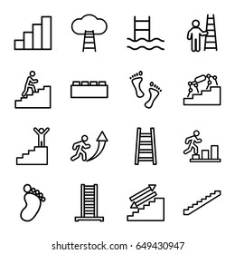Step icons set. set of 16 step outline icons such as ladder, stairs, foot print, stair, man climbing stairs, foot, man going up