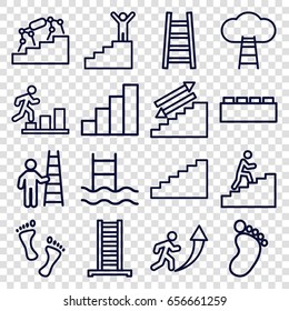 Step icons set. set of 16 step outline icons such as ladder, foot print, stair, man climbing stairs, foot, man going up, stairs