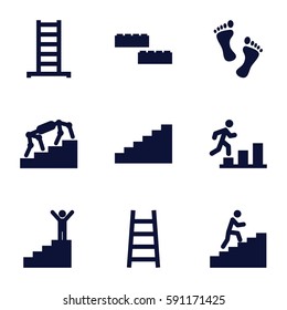 step icons set. Set of 9 step filled icons such as ladder, man climbing stairs, foot, man going up, stairs, man on stairs