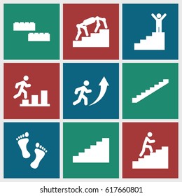 Step icons set. set of 9 step filled icons such as stairs, man climbing stairs, foot, man going up, man on stairs