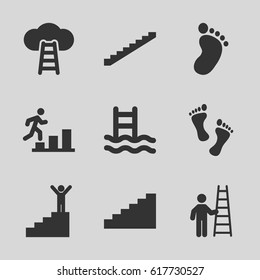 Step icons set. set of 9 step filled icons such as stairs, foot print, foot, man going up, man on stairs, man with ladder, ladder to the sky
