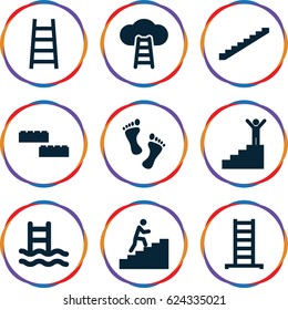 Step icons set. set of 9 step filled icons such as ladder, stairs, man climbing stairs, foot, man on stairs, ladder to the sky, building block