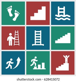 Step icons set. set of 9 step filled icons such as ladder, stair, foot, man going up, stairs, man on stairs, man with ladder