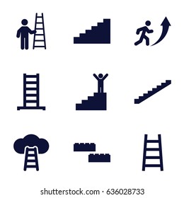 Step icons set. set of 9 step filled icons such as ladder, stairs, man going up, man on stairs, man with ladder, ladder to the sky