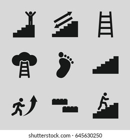 Step icons set. set of 9 step filled icons such as foot print, ladder, man climbing stairs, man going up, stairs, man on stairs, ladder to the sky