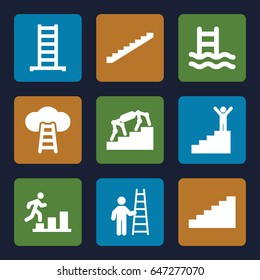 Step icons set. set of 9 step filled icons such as ladder, stairs, man going up, man on stairs