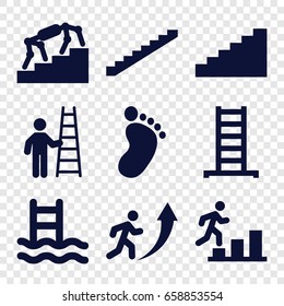 Step icons set. set of 9 step filled icons such as ladder, stairs, foot print, man going up, man with ladder