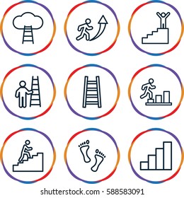 step icons set. Set of 9 step outline icons such as ladder, stair, man climbing stairs, foot, man going up