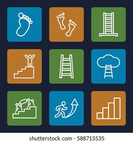 step icons set. Set of 9 step outline icons such as ladder, foot print, stair, foot, man going up, man on stairs, ladder to the sky