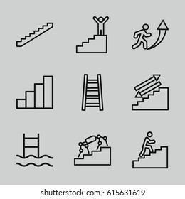 Step icons set. set of 9 step outline icons such as stairs, ladder, stair, man climbing stairs, man going up, man on stairs