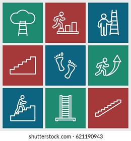 Step icons set. set of 9 step outline icons such as ladder, stairs, man climbing stairs, foot, man going up, man with ladder