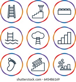 Step icons set. set of 9 step outline icons such as foot print, ladder, stair, man going up, man on stairs, ladder to the sky, stairs, swimming ladder