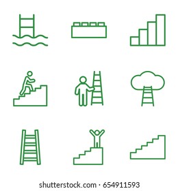 Step icons set. set of 9 step outline icons such as ladder, stair, man climbing stairs, stairs, man on stairs, man with ladder
